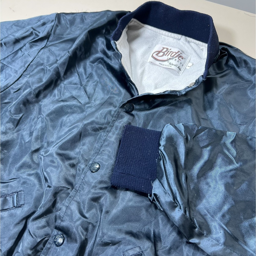 Vintage Birdie‎ Jackets Richard A Leslie Navy Blue Satin Bomber Jacket Large USA
